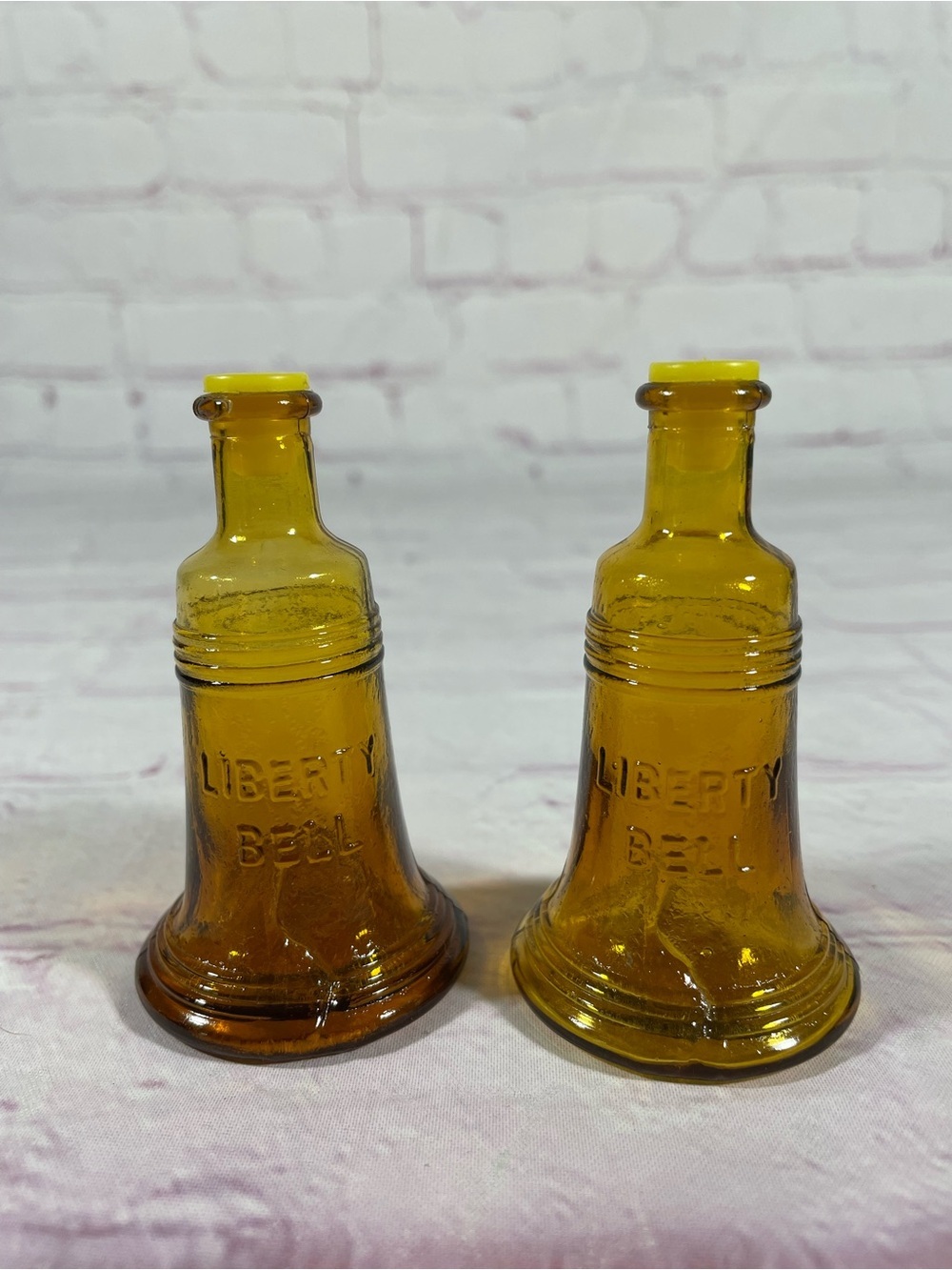 Vintage Carnival Glass Liberty Bell Amber Glass Salt and Pepper Shaker Pair